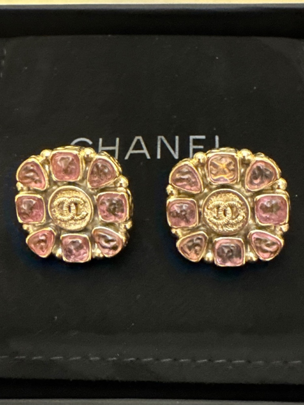 Super Rare Vintage Classic Chanel CC Logo Crystal & Gold Stud Earrings